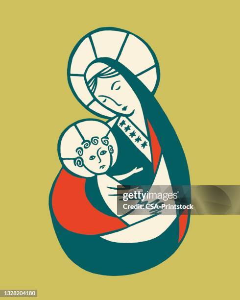 virgin mary embracing baby jesus - madonna pop stock illustrations