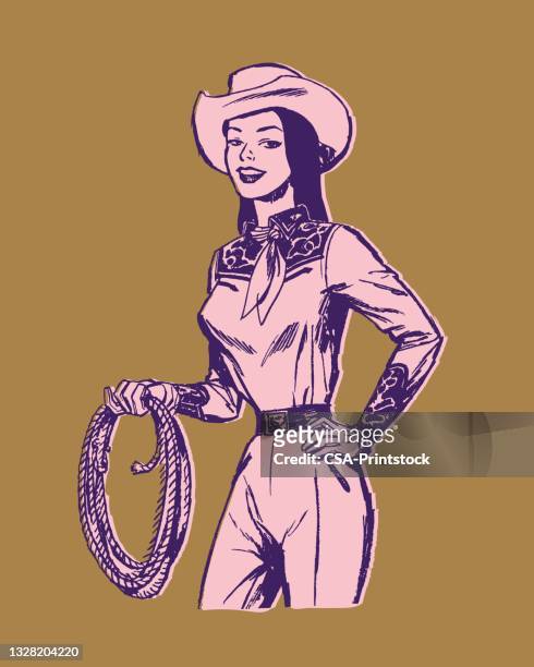 ilustrações de stock, clip art, desenhos animados e ícones de portrait of young cowgirl posing with lasso in hand - vaqueira