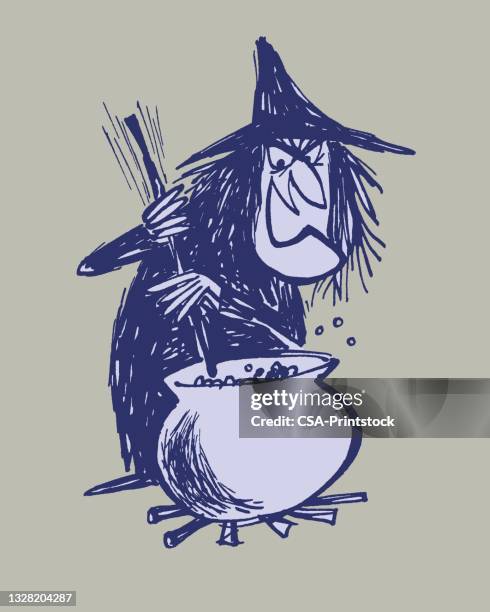 illustration of wizard stirring cauldron - cauldron stock illustrations