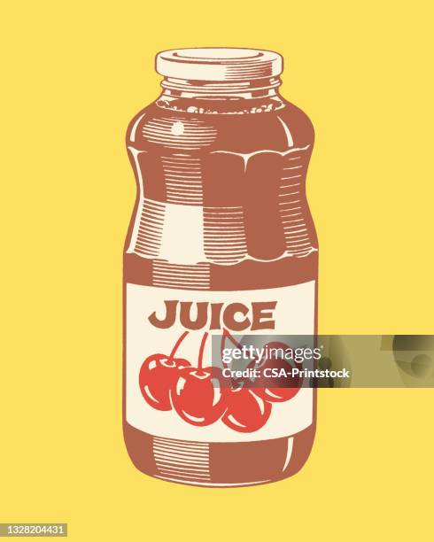 view of cherry juice bottle - juice bottle stock illustrations