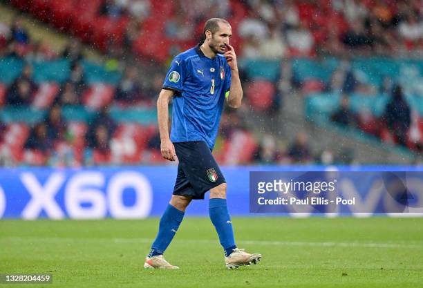 Giorgio Chiellini of Italy reacts during the UEFA Euro 2020 Championship Final between Italy and England at Wembley Stadium on July 11, 2021 in...