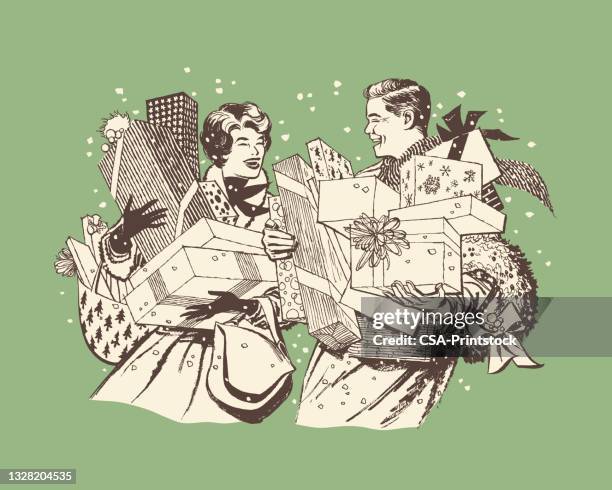 illustration of couple carrying lots of christmas presents - christmas shopping stock illustrations