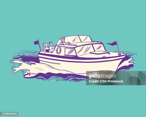 illustration of three people motorboating - motor boat stock illustrations