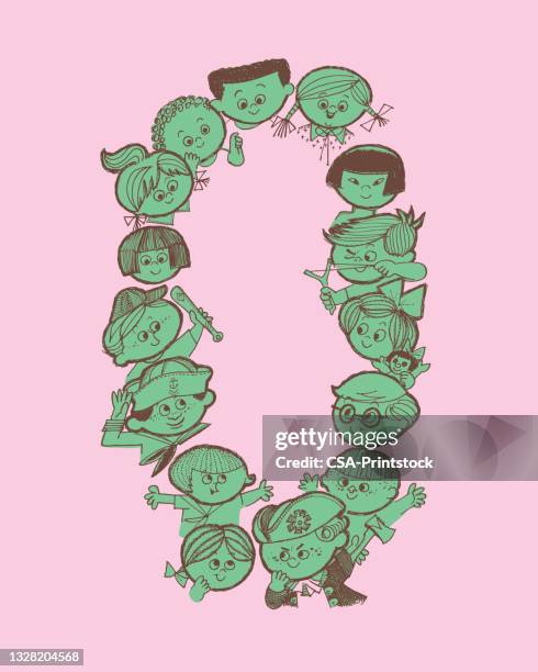 bildbanksillustrationer, clip art samt tecknat material och ikoner med group of cartoon faces of boys and girls arranged in circle - mob