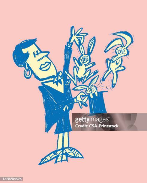 zauberin, die kaninchen aus dem hut nimmt - zaubertrick stock-grafiken, -clipart, -cartoons und -symbole