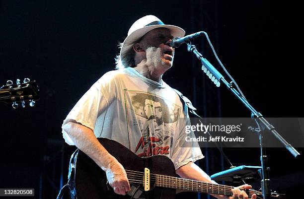 Musician Neil Young of Buffalo Springfield performs on stage during Bonnaroo 2011 at Which Stage on June 11, 2011 in Manchester, Tennessee.