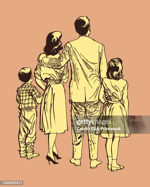 ilustrações de stock, clip art, desenhos animados e ícones de illustration with rear view of family standing together - família biparental