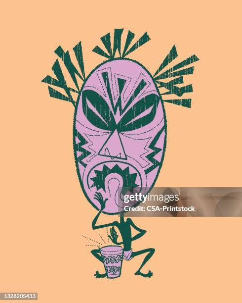 bildbanksillustrationer, clip art samt tecknat material och ikoner med illustration of tribal man with mask playing drum - voodoo