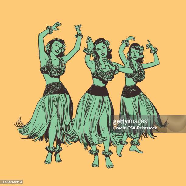 illustration of three women hula dancing - hula dancer stock illustrations