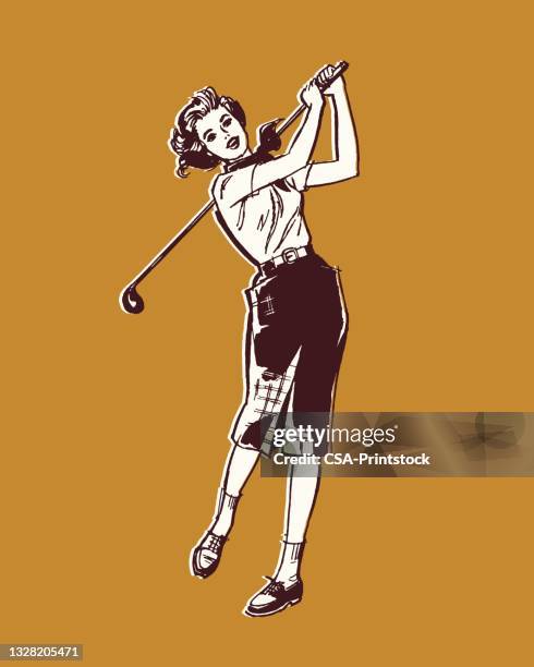 illustrazioni stock, clip art, cartoni animati e icone di tendenza di illustrazione di donna che gioca a golf - woman on swing