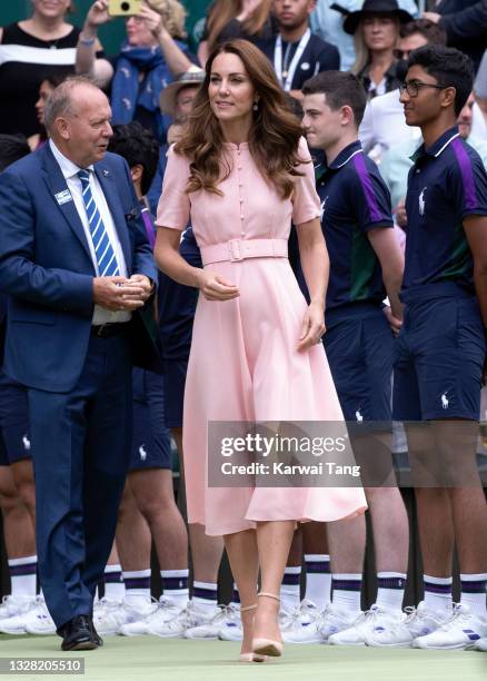 Catherine, Duchess of Cambridge attends day 13 of the Wimbledon Tennis Championships at All England Lawn Tennis and Croquet Club on July 11, 2021 in...