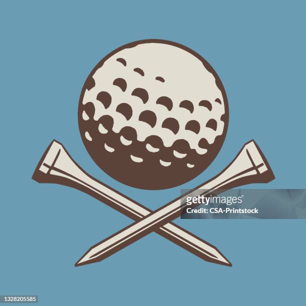 view of golf ball with golf ball stand crossed under - golf tee stock illustrations