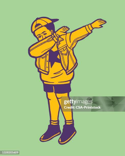 boy wearing baseball cap and jacket dabbing - dab dance stock illustrations