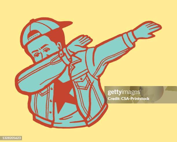 boy wearing baseball cap and jacket dabbing - dab dance stock illustrations