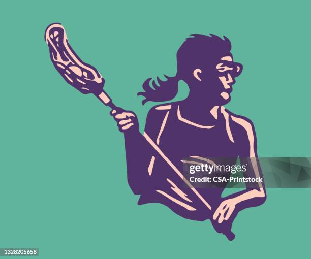 view of woman playing lacrosse - female lacrosse stock illustrations