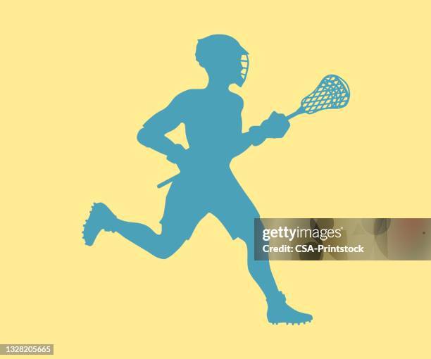 view of man playing lacrosse - lacrosse stock illustrations