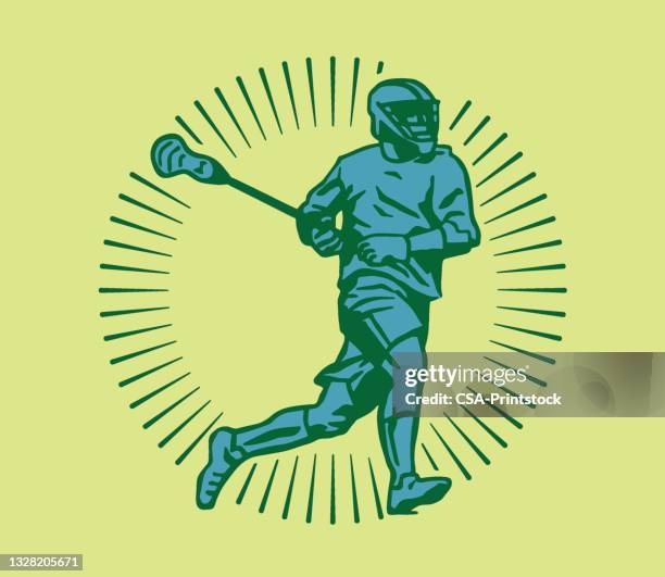 view of man playing lacrosse - lacrosse stock illustrations