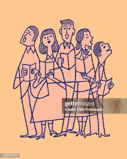 stockillustraties, clipart, cartoons en iconen met illustration of singing choir of five people - koor