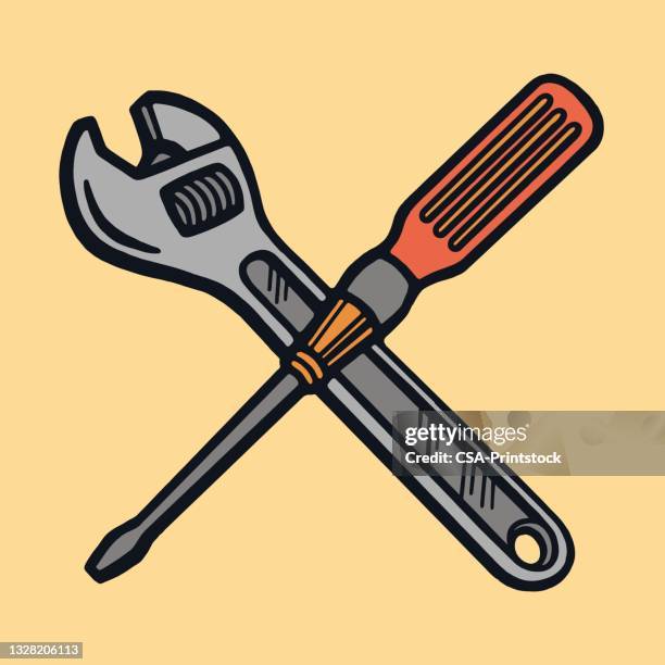 ilustraciones, imágenes clip art, dibujos animados e iconos de stock de llave inglesa y destornillador - destornillador
