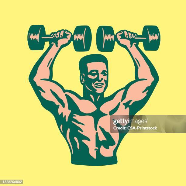 ilustraciones, imágenes clip art, dibujos animados e iconos de stock de hombre musculoso levanta pesas - handsome bodybuilders