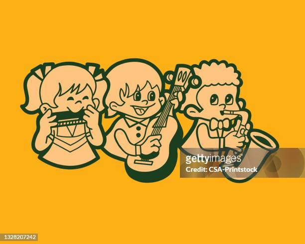 children playing musical instruments - harmonica stock illustrations