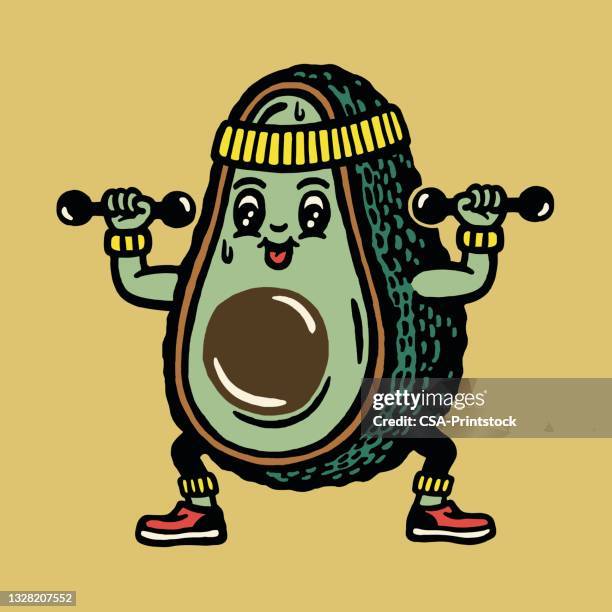 stockillustraties, clipart, cartoons en iconen met avocado character working out - kawaii