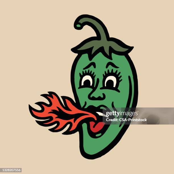 flammender peperoni charakter - chili schote stock-grafiken, -clipart, -cartoons und -symbole