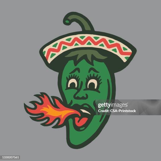 flaming hot pepper character wearing sombrero - sweet chilli stock illustrations