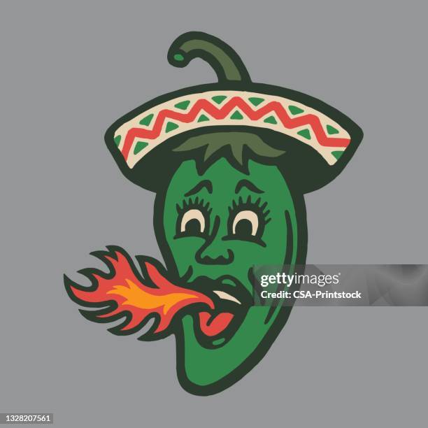 flaming hot pepper character wearing sombrero - sombrero stock illustrations