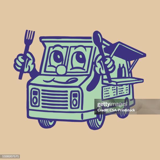 bildbanksillustrationer, clip art samt tecknat material och ikoner med happy food truck character - pop up food truck