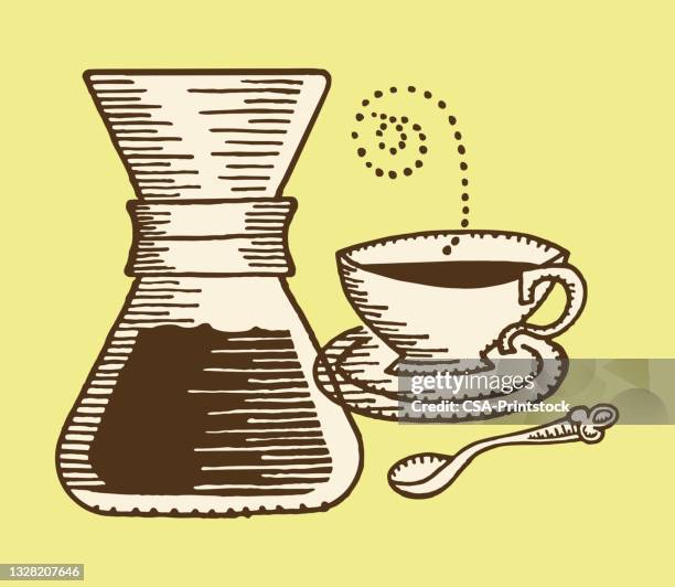 pour over coffee maker cup and saucer - kitsch kitchen stock illustrations