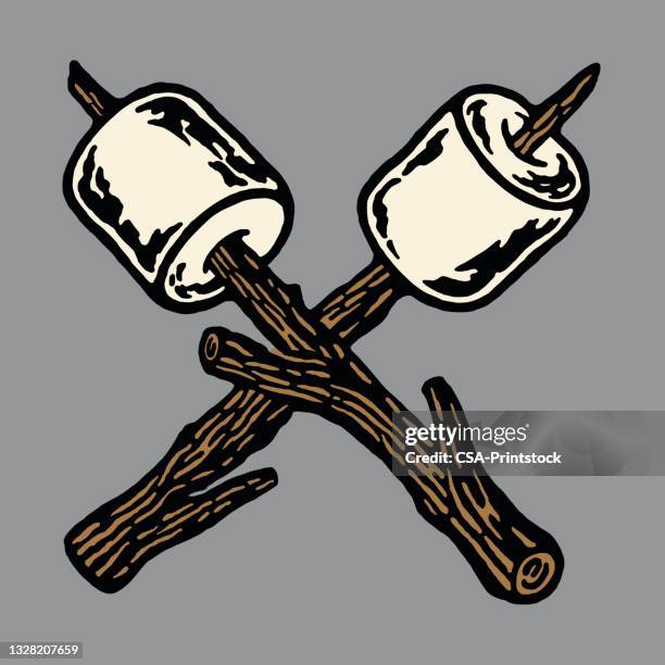crossed sticks and marshmallows - roasting marshmallows stock illustrations