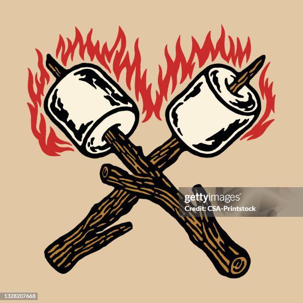 stockillustraties, clipart, cartoons en iconen met crossed sticks and flaming marshmallows - cartoon desserts