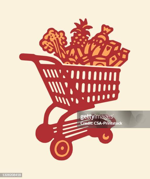 ilustraciones, imágenes clip art, dibujos animados e iconos de stock de carrito lleno de comestibles - shopping cart