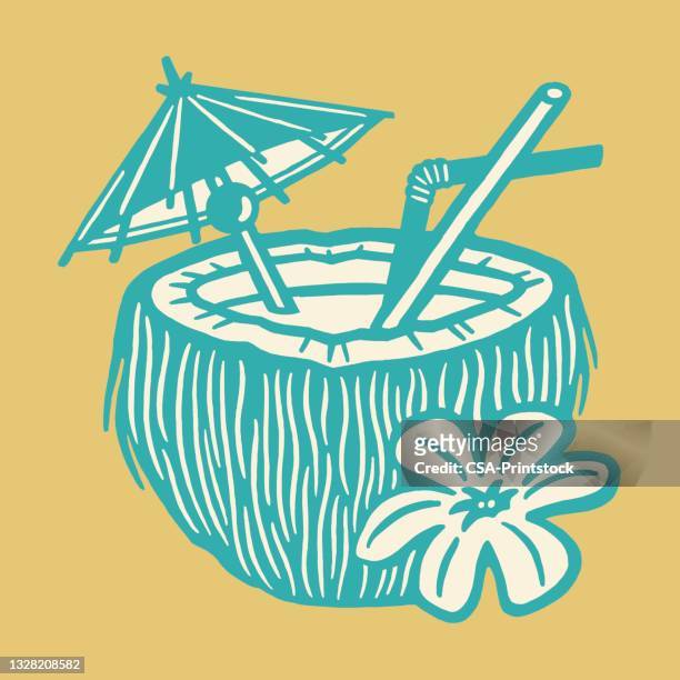 tropical drink in a coconut with umbrella - coconut stock illustrations