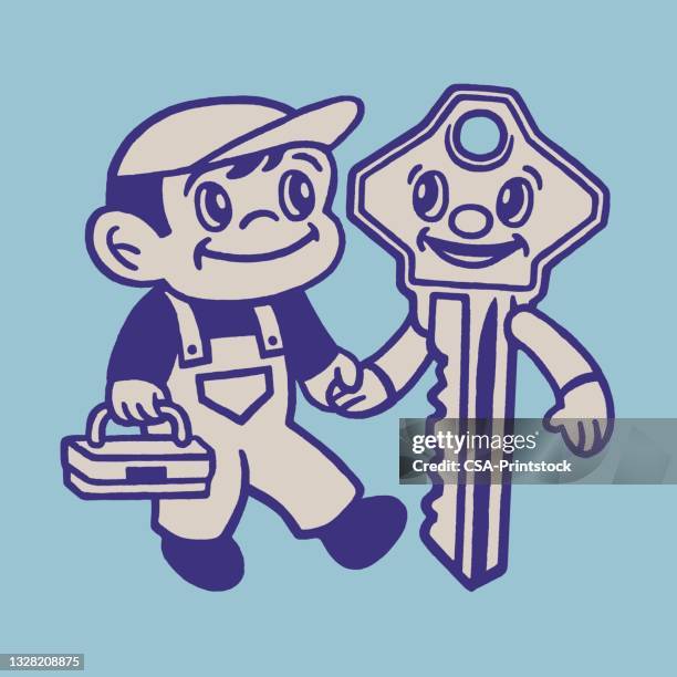 ilustrações de stock, clip art, desenhos animados e ícones de handyman and key holding hands - alegria