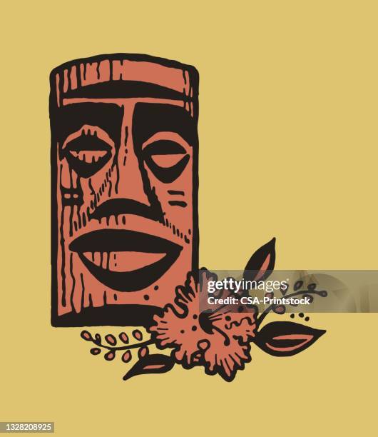 tiki carving and hibiscus - tropical flower stock illustrations