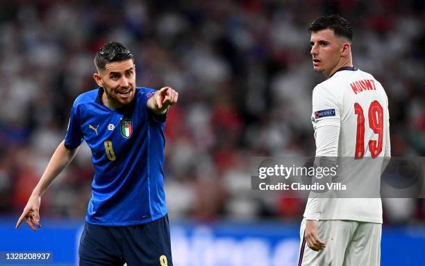 Jorginho of Italy reacts as Mason Mount of England looks on during the UEFA Euro 2020 Championship Final between Italy and England at Wembley Stadium...