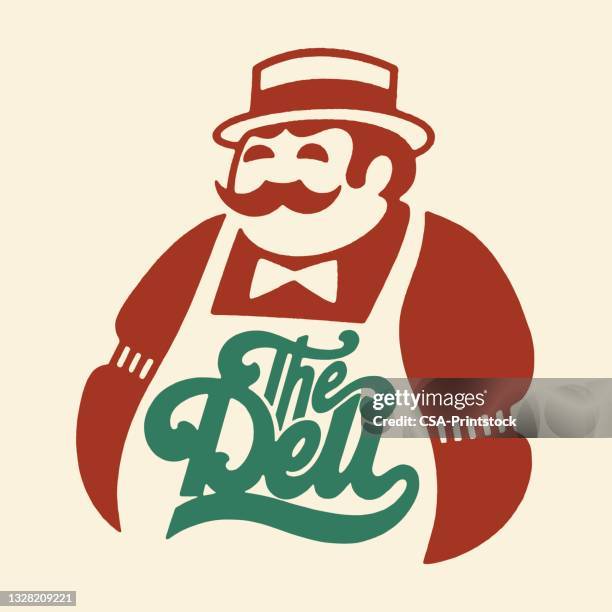 man with hat mustache apron - delicatessen stock illustrations