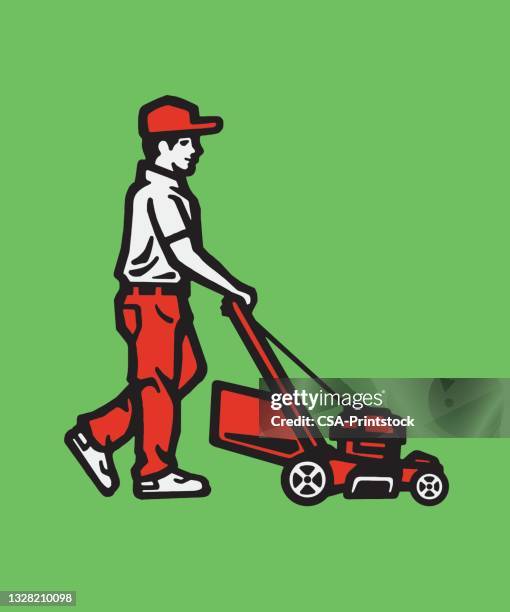 stockillustraties, clipart, cartoons en iconen met man mowing the lawn - lawn care