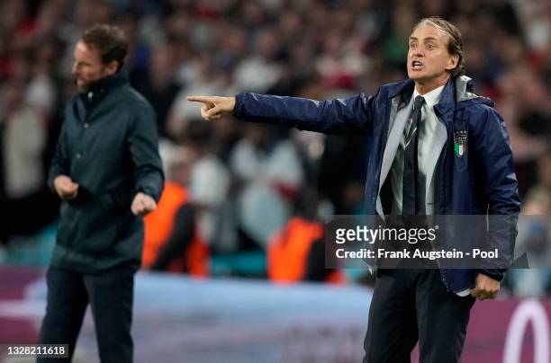 Roberto Mancini, Head Coach of Italy reacts during the UEFA Euro 2020 Championship Final between Italy and England at Wembley Stadium on July 11,...