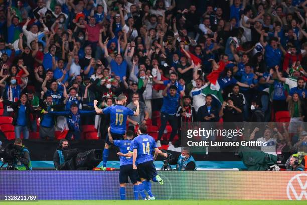 Leonardo Bonucci of Italy celebrates in front of the Italy fans after scoring their team's first goal during the UEFA Euro 2020 Championship Final...