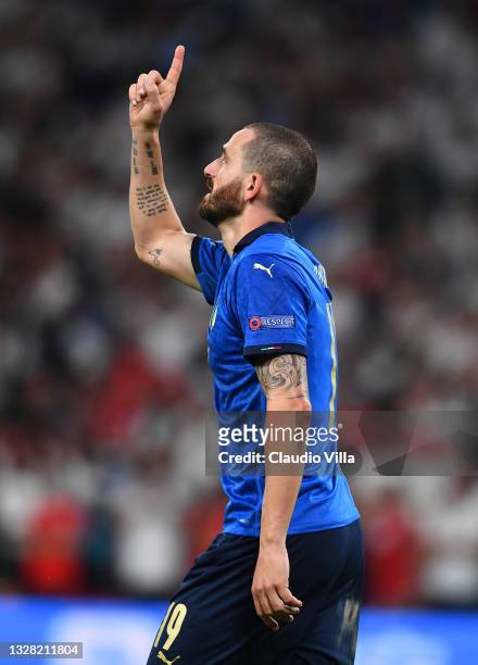 Leonardo Bonucci of Italy celebrates after scoring their side's first goal during the UEFA Euro 2020 Championship Final between Italy and England at...