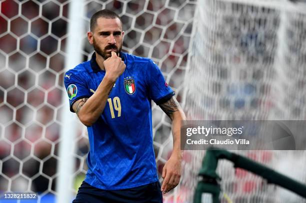 Leonardo Bonucci of Italy celebrates after scoring their side's first goal during the UEFA Euro 2020 Championship Final between Italy and England at...