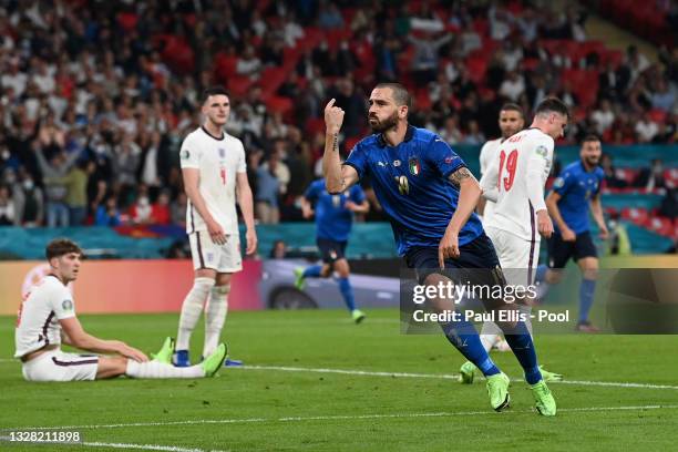 Leonardo Bonucci of Italy celebrates after scoring their side's first goal during the UEFA Euro 2020 Championship Final between Italy and England at...