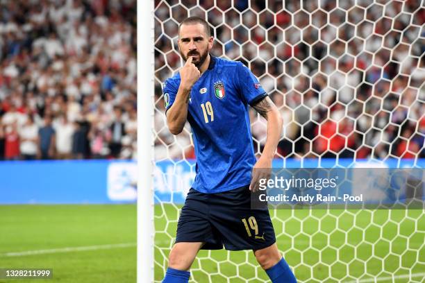 Leonardo Bonucci of Italy celebrates after scoring their team's first goal during the UEFA Euro 2020 Championship Final between Italy and England at...