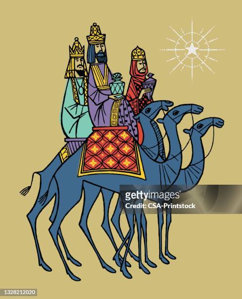 illustrazioni stock, clip art, cartoni animati e icone di tendenza di tre saggi sui cammelli - three wise men