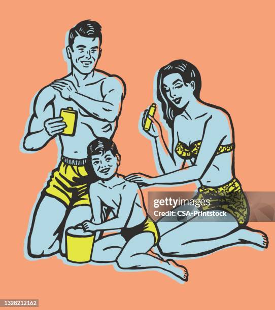 ilustraciones, imágenes clip art, dibujos animados e iconos de stock de familia en la playa aplicando loción - family beach