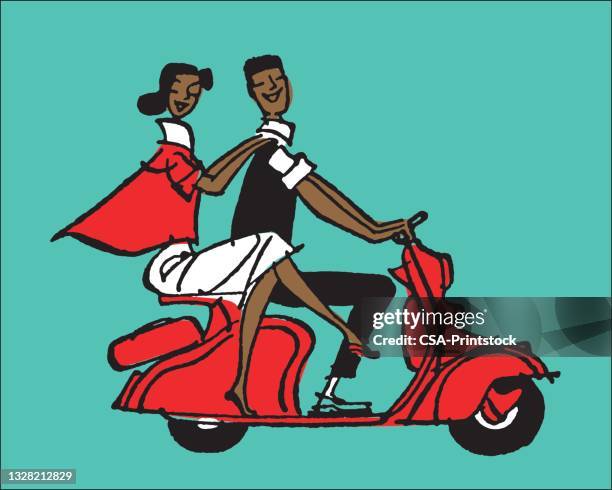 zwei personen auf einem moped - moped stock-grafiken, -clipart, -cartoons und -symbole