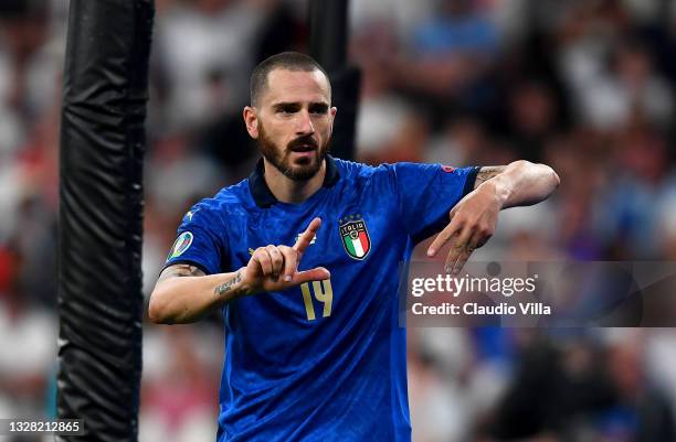 Leonardo Bonucci of Italy celebrates after scoring their side's first goal during the UEFA Euro 2020 Championship Final between Italy and England at...